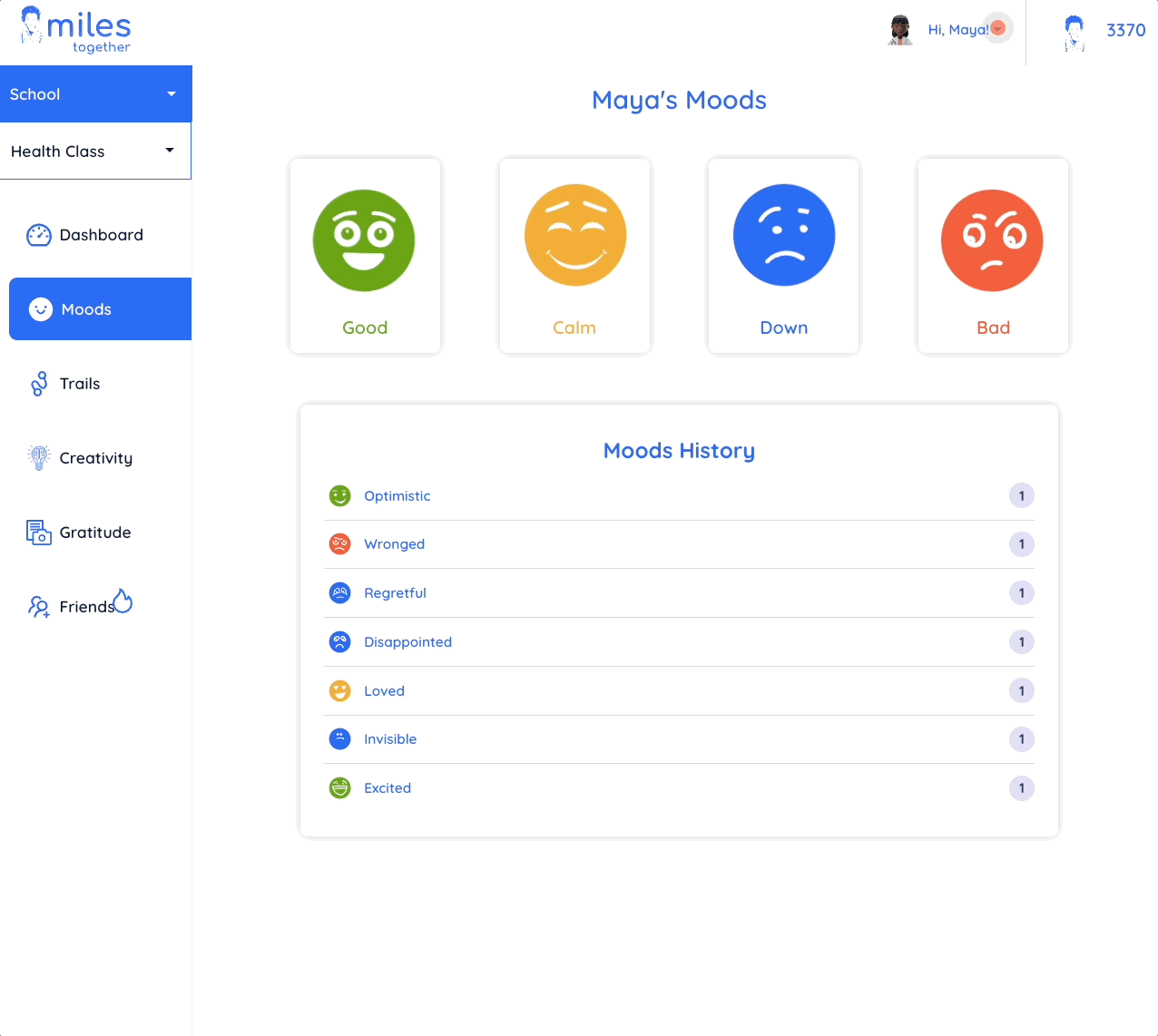 Miles Together mood check-in and mood history interface